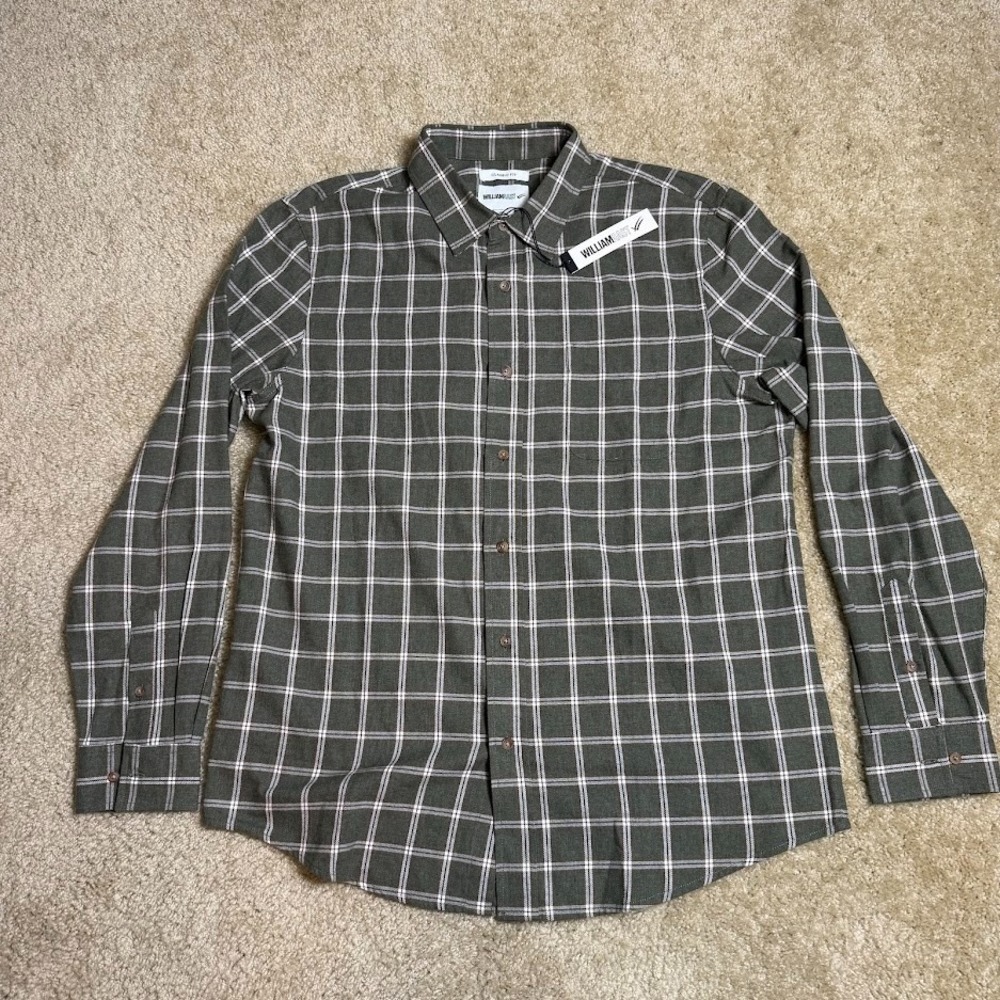 WILLIAM RAST Button Front Shirt Mens Large Green Windowpane Plaid Stretch NEW‎